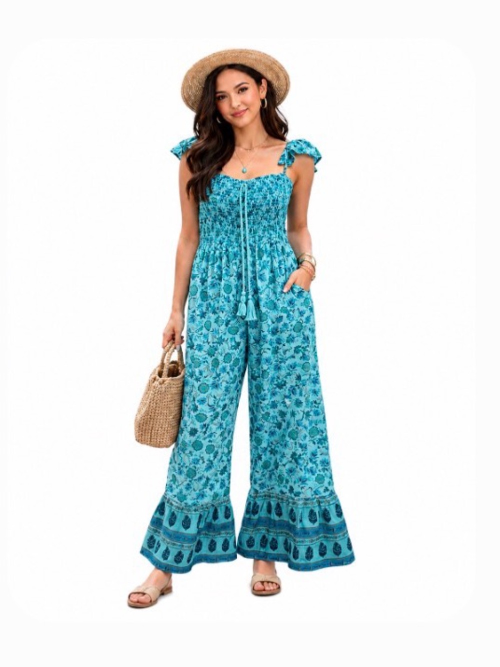 B*O*G Collective Turquoise Floral Wide-Leg Jumpsuit with Tie Straps